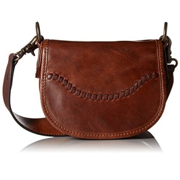 Frye Melissa Whipstitch Mini Saddle Distressed Leather Brown Crossbody Brown - Picture 1 of 14